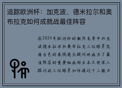 追踪欧洲杯：加克波、德米拉尔和奥布拉克如何成就战最佳阵容