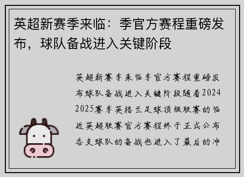 英超新赛季来临：季官方赛程重磅发布，球队备战进入关键阶段