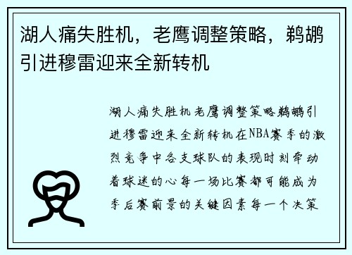 湖人痛失胜机，老鹰调整策略，鹈鹕引进穆雷迎来全新转机